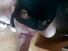 Slut on a leash in fishnet stocking sucking big dick