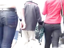 A horny voyeur follows a hot bitch in tight jeans and heels