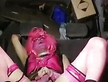 Parking Crossdressed Masturbation As A Girl In Pink Nylons,  Red Suede Heels,  Lingerie,  Glass