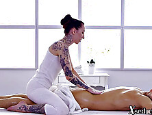Inked masseuse doggyfucked by client