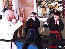 Sporty sluts Shana Lane and Roxy Lane share dick in a gym