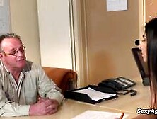 Old grandpa fucks shaved pussy teen Angela Allison on the desk in the office