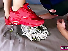 The Mistress Makes The Slave Blow Food From Her Sneakers.  He Orgasm From Humiliation.