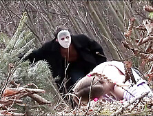 Blonde Babe Gets Slammed By Two Masked Guys After A Chase Through The Woods