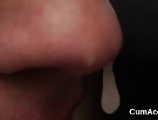 Hot looker gets cum shot on her face gulping all the sperm