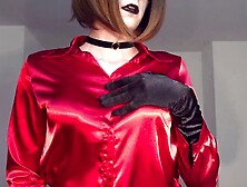 Crossdresser Jerking In Shiny Black Satin Clothes And Red Satin Top