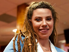 Big tits waitress gets fucked in a gross yet fun way