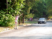 Teen in a miniskirt Vika Lita picked up and fucked in the forest