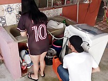 hotwife receives washing machine technician while cuck is at work