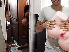 Beautiful brunette showers in her bathroom,  and I seduce her to fuck her TANTALY doll after her show