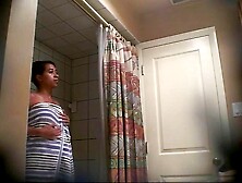 Unshaven sister getting in and out of shower