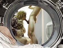 Chubby blonde has sex with a young guy in the laundry room