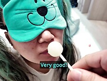 Blindfolded oriental step-sister tricked to blow schlong in a game of "Guess the taste" with lollipops
