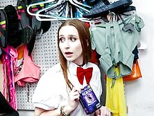 Condom stealing busty coed gags on mall cops cock after getting busted