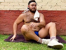 Hairy Muscular Hunk Jerks Off His Big Cock In The Garden