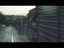 Sexy Girl Walks Lost And Sadly In The Rain,  Exposing Nipples.