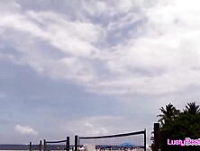 Bikini girlfriends having joy on the sun on a public beach then in a intimate pool