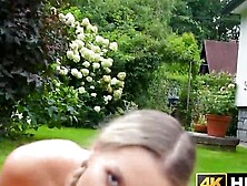 4K HUNT - Blonde girl Lucky Bee gets her pink pussy cleaned up in front of her partner