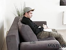 MATURE4K.  Fatty mature is quickly banged by inept boy on the grey couch