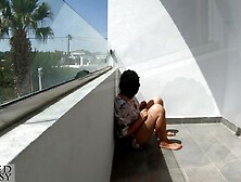 Public Oral-sex on Sunny Balcony makes him cum fast,  whilst strangers walking by during his spunk fountain