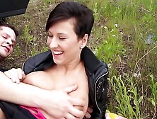 Dirty short hair slut ride ugly fake agents cock in public