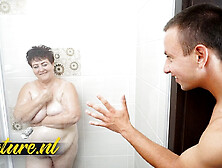 Hairy Bbw Grandma Waiting For Her Toyboy In The Shower