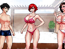 Visual novel gameplay featuring big-boobed mommy goddesses in a restricted setting