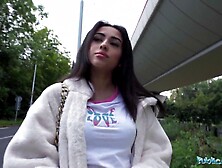 Public Agent - Marvelous British Brunette Hair Teen Sucks and Screws large knob outside after almost getting run over by a runaw