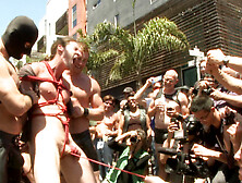 Bound Hunk Publicly Tormented And Gang Fucked For His First Dore Alley