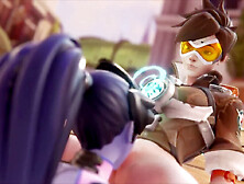 Widowmaker and Tracer share a steamy moment with some serious eye contact while enjoying an intimate session