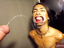 Thai Femboy Cat Is On The Dirty Floor Of Hotel Bathroom And Looking Right On Guy's Dick In Front Of Her Face.