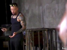 Black babe Vienna Ebony in standing servitude rides dildo and drools over gag ball then coarse anal screwed in b. slavery in dun