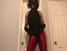 Horny Crossdresser In Black Leotard And Cock Sheath Tights