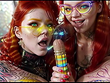Strange double oral sex by 2 redhead AI twins dolls