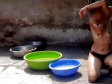 Stepsister bath bathing in open bathroom
