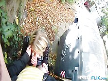 Blonde cutie tricked into outdoor sex