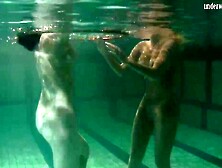 Russian lesbo girls swimming into the pool