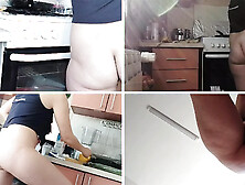 Sexy naked wife preparing food in the kitchen.