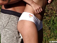 Brunette teen Heather Harris gets cum on her pussy outdoors