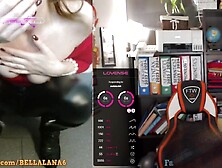 Teacher in leather leggings and boots is masturbating beneath her desk during the class (lush control)