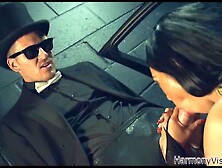 Lovely Brunette Wearing Nude Lace Up Corset Make A Dude’s Day By Blowing Him Rough In A Car On A Parking Lot