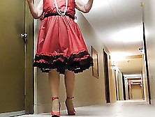 Sissy Ray In Red Teffeta Dress In Hotel Hallway