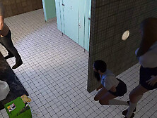 Two Girls Stalk A Guy In The Bathroom For A Threesome