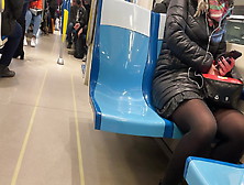 Teenie Upskirt In Ebony Pantyhose Waiting Subway