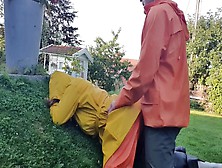 Hornymilf Gets Filled With Humongous Wang Wearing Rainwear And Rubber Boots Outdoors