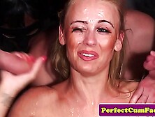 English cum babe drenched with sperm in group