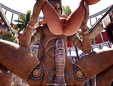 A large rod against Lara Croft's tight bum in an arena where one, 000 spectators are watching. 3D Asian cartoon Game Animation 3D