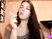 Sexy teen thick latin chick brunette hair with blue eyes teases u with slow smokin'