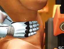 A hot young horny hottie in cuffs gets fucked hard by sex robot dickgirl