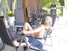 Slim blonde strokes dick with her feet before getting laid